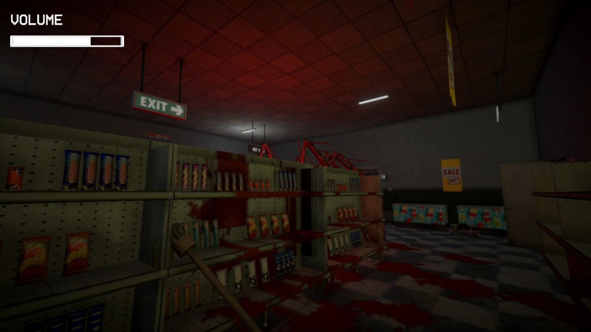 The interior shelves and aisles of the Shift At Midnight gas station after a dangerous encounter