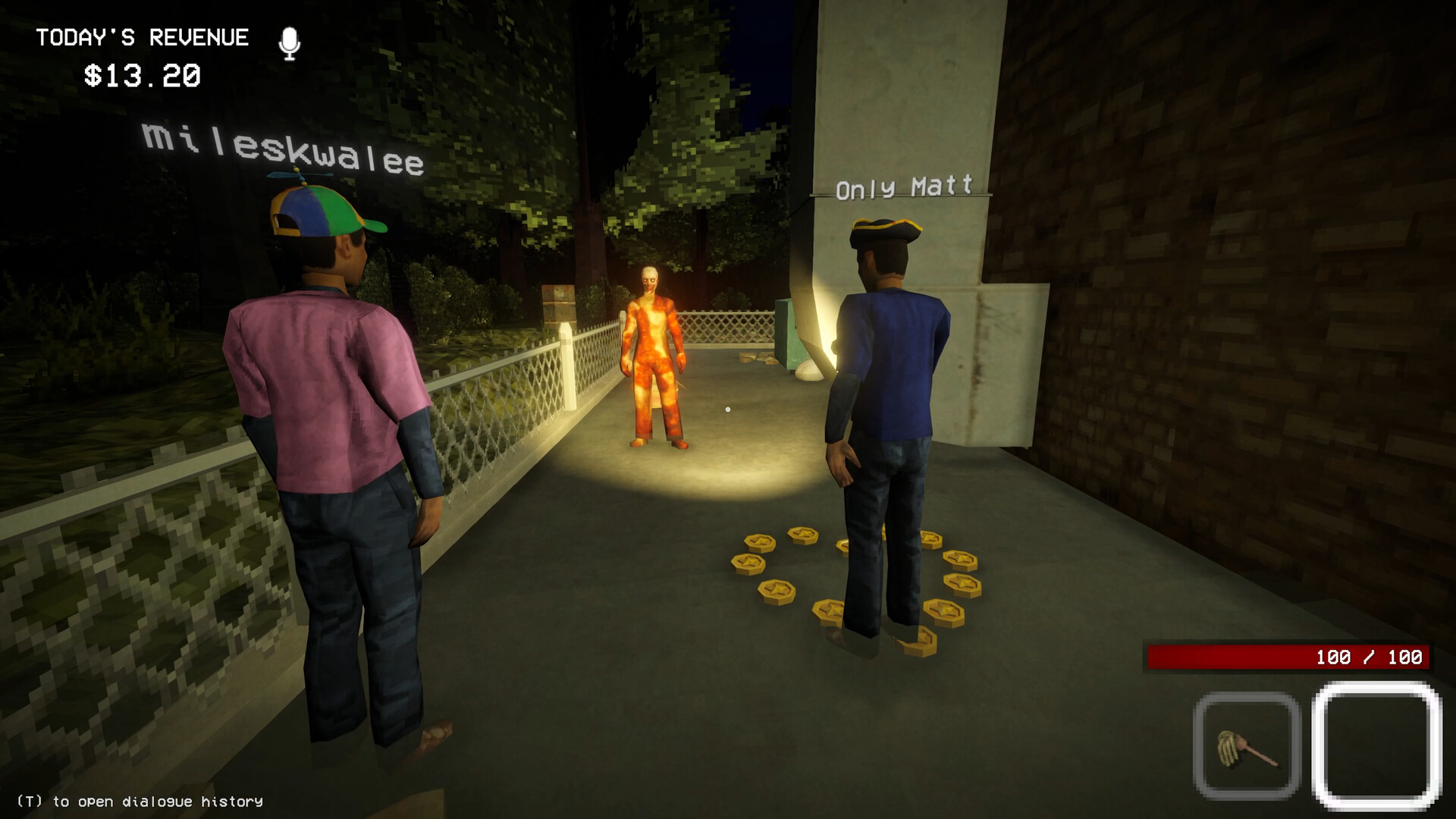 Two Shift At Midnight players face a dangerous glowing figure outside the gas station