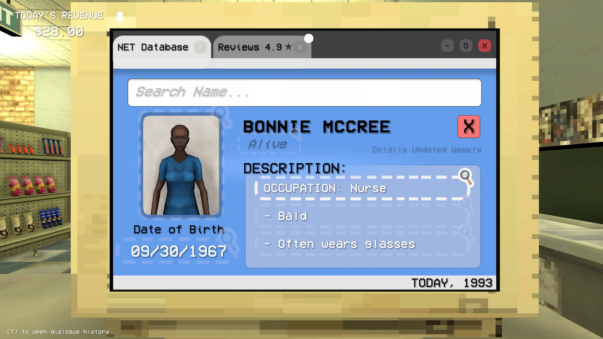 The Shift At Midnight computer displays a customer database record for cross-checking details