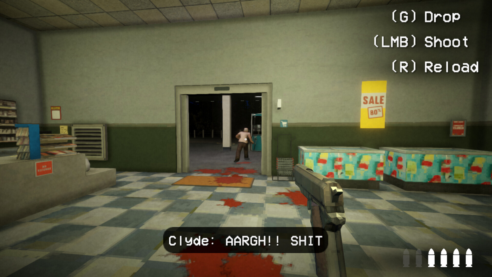 A Shift At Midnight player aims a weapon inside the gas station during an emergency
