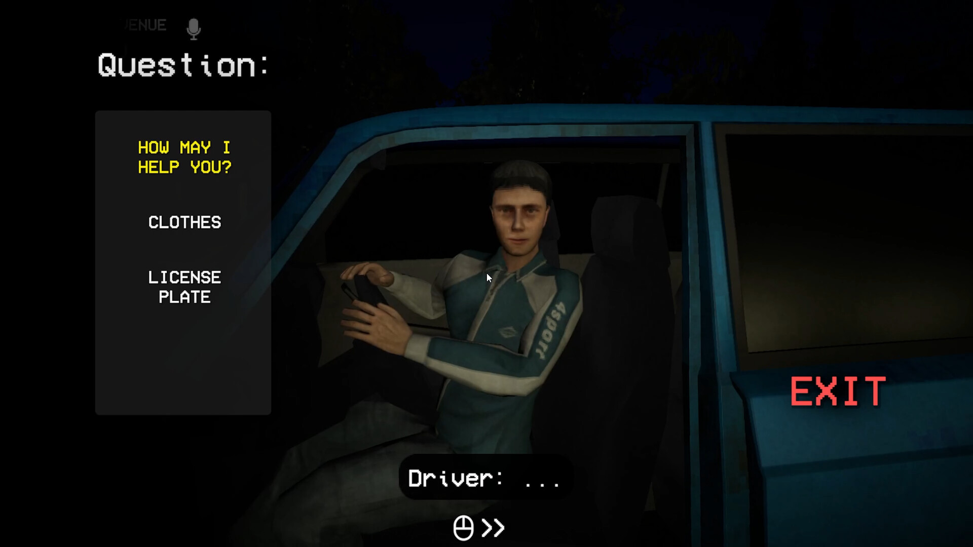 A Shift At Midnight player questions a driver through a car window at night